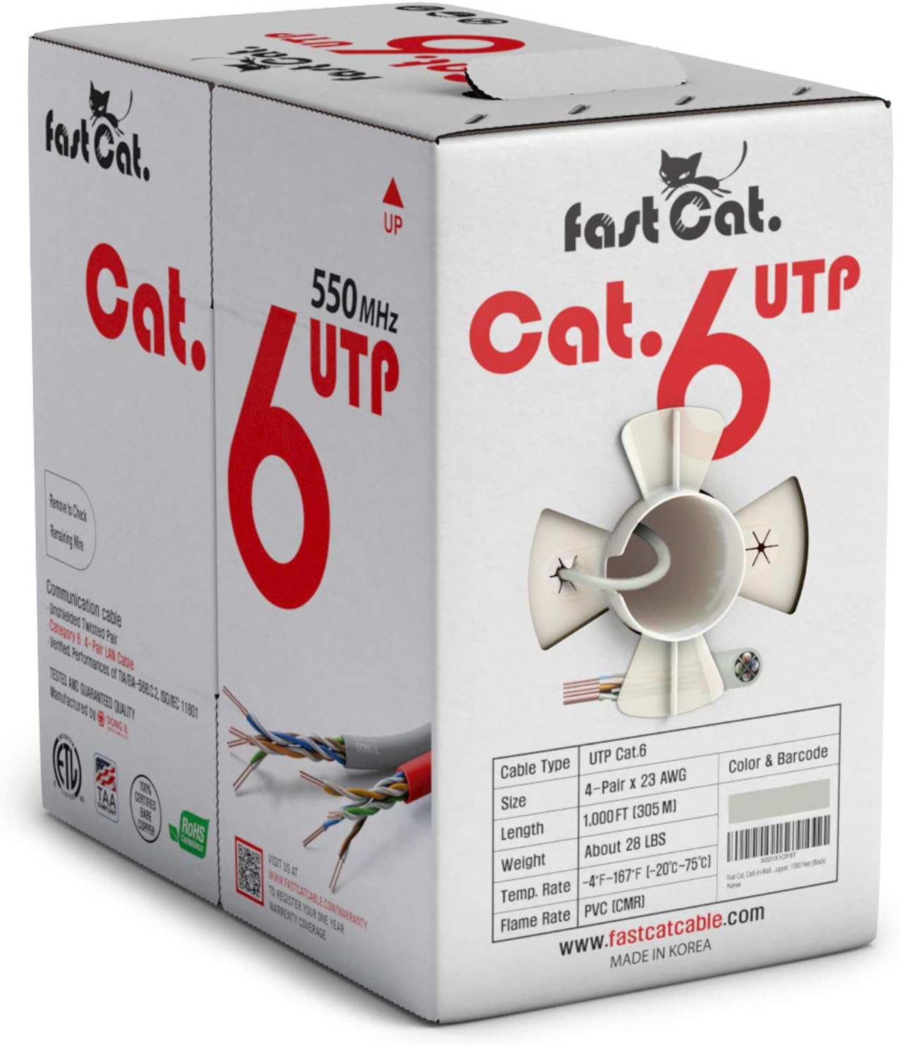 fast Cat. Cat6 Ethernet Cable 1000ft - 23 AWG, CMR, Insulated Solid Bare Copper Wire Internet Cable with Noise Reducing Cross Separator