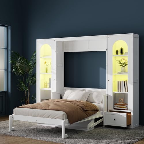 Queen Size Murphy Bed with Desk, Horizontal Wall Bed with Storage Side Cabinets, Drawers and LED Light, Wood Hideaway Wall Bed Frame with Shelves