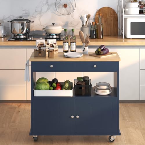 Rolling Kitchen Island with Storage Cabinet, 35.4'' Width Kitchen Cart, 2 Drawers Island Table, Portable Mobile Kitchen Island with Towel Rack