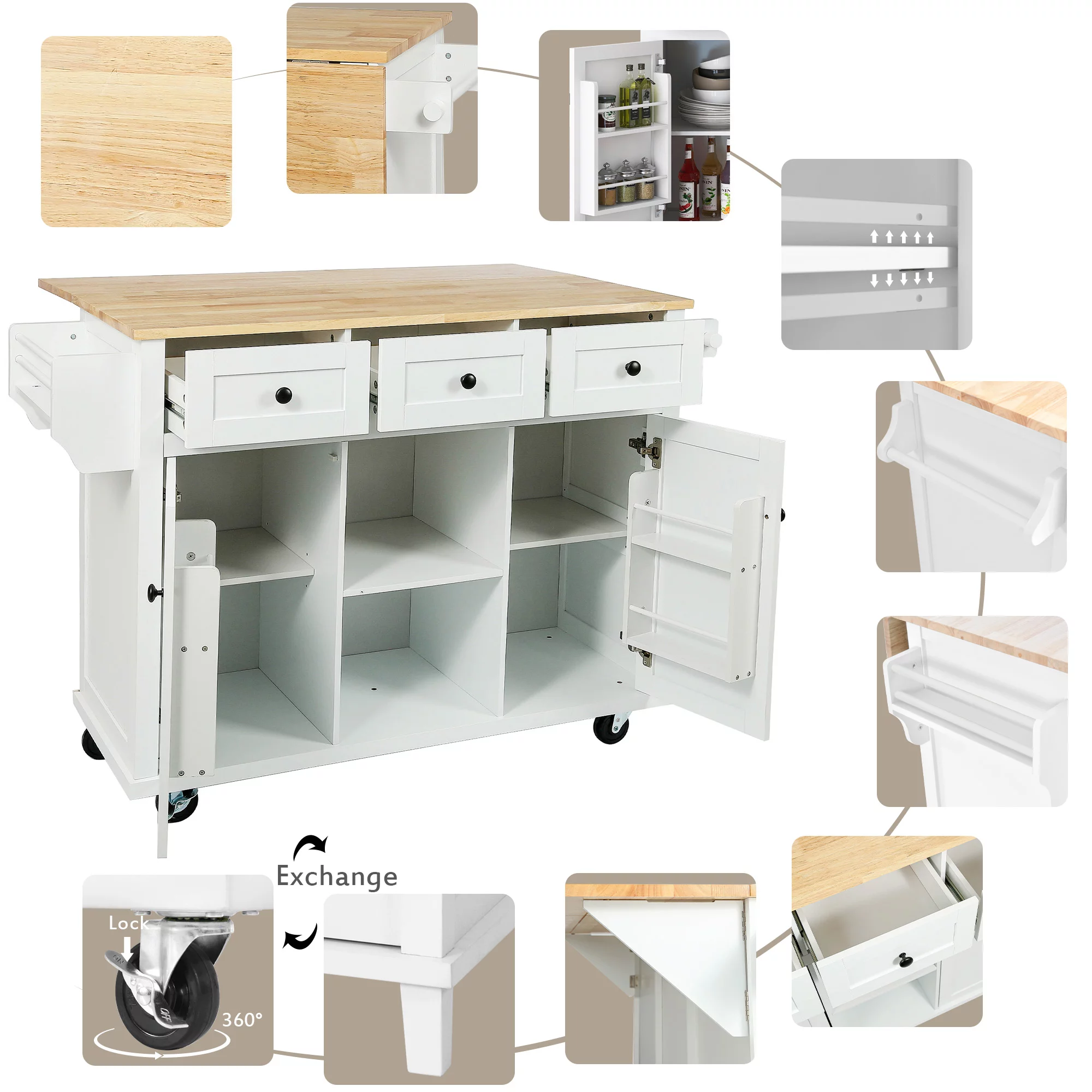 EUROCO 53.1" Kitchen Islands with Storage, Kitchen Island Cart with Rubber Wood Drop Leaf,Cabinet door internal storage racks,5 Wheels,3 Drawers,White