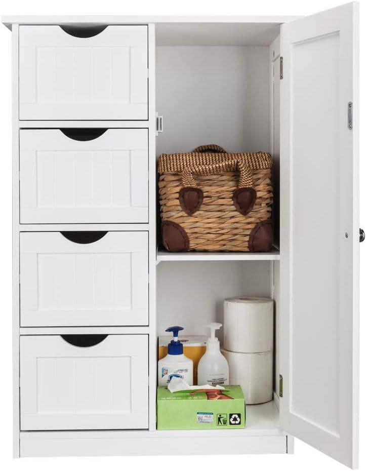 Bathroom Floor Cabinet storage unit with 4 Dawers and Single Door Cabinet, Entryway Storage Cabinet