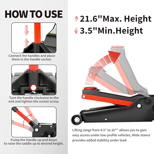 3-Ton (6600lbs) Low-Profile Dual Pistons Heavy-Duty Steel Racing Floor Jack with Quick Lift Hydraulic Pump