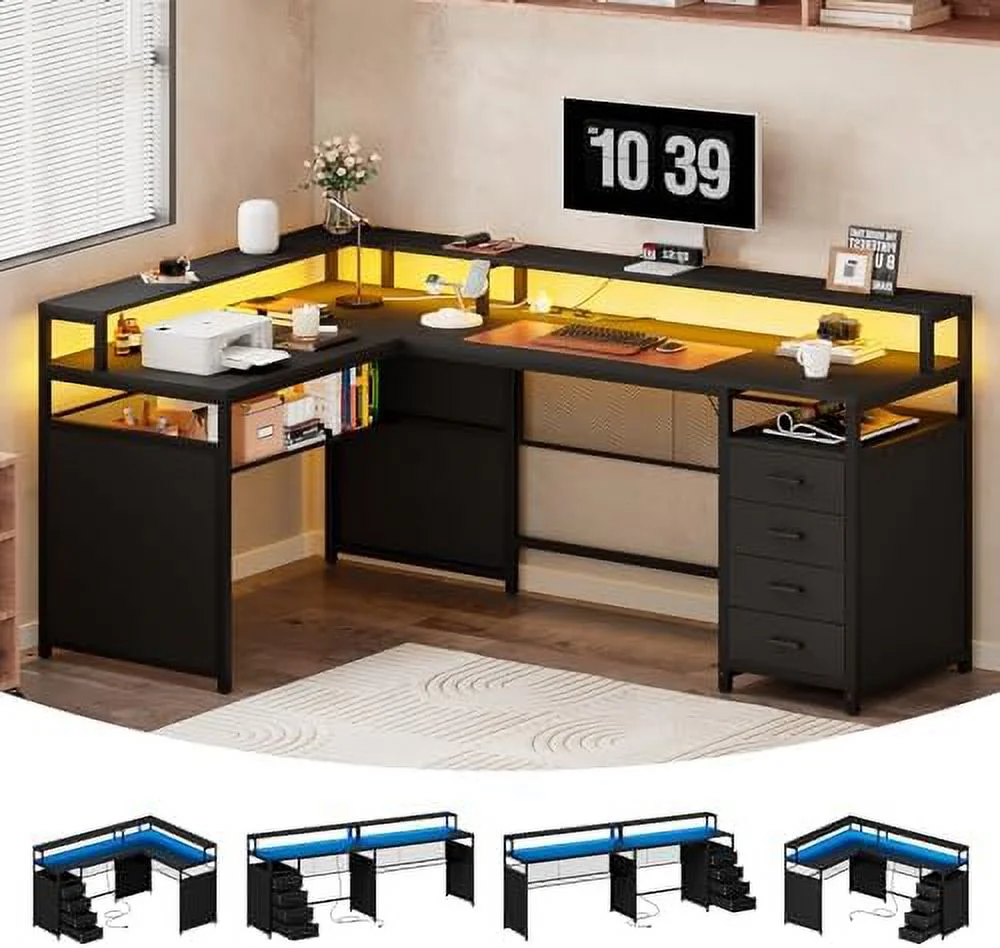 ZFGSUIJN L Shaped Desk with LED Lights &amp; Power Outlets  Reversible Home Office Desk with Drawers &amp