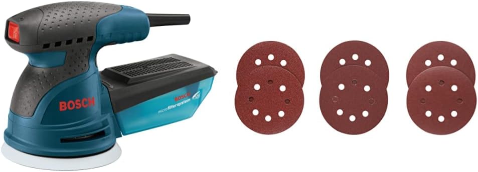 BOSCH ROS20VSK Palm Sander - 2.5 Amp 5 in. Corded Variable Speed Random Orbital Sander/Polisher Kit with Dust Collector and Hard Carrying Case, Blue