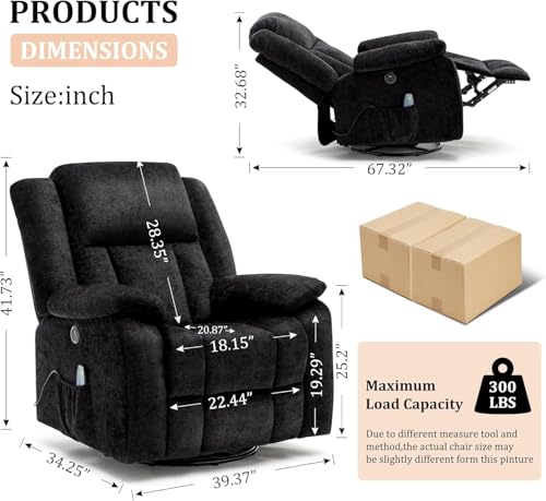 Rocker Recliner Chair, Glider Recliner Chairs for Adults, 360° Swivel Recliner with Massage and Heating