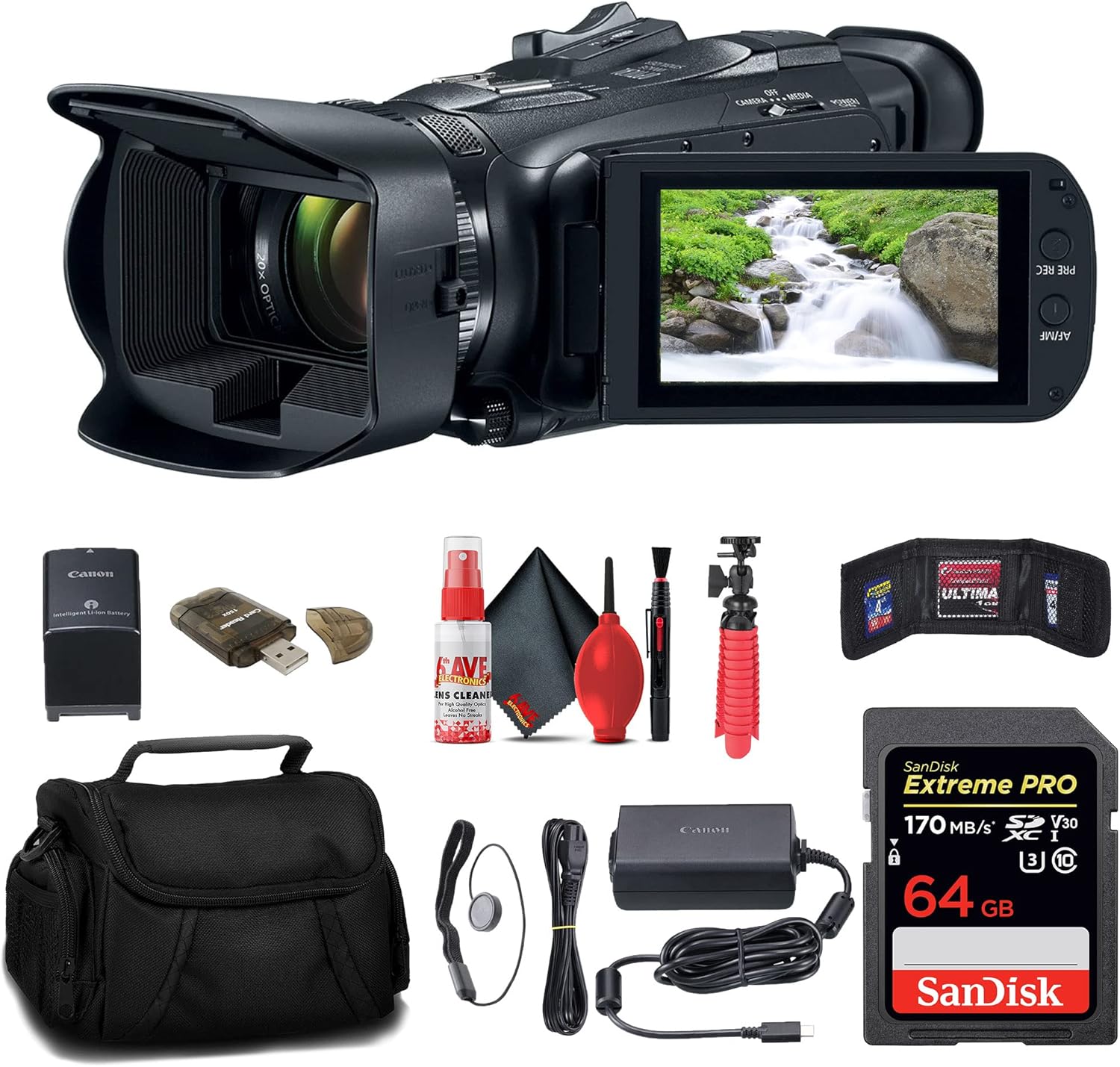 Canon Vixia HF G70 UHD 4K Camcorder (Black) (5734C002) + 64GB Memory Card + Bag + Card Reader + Flexible Tripod + Memory Wallet + Cap Keeper +