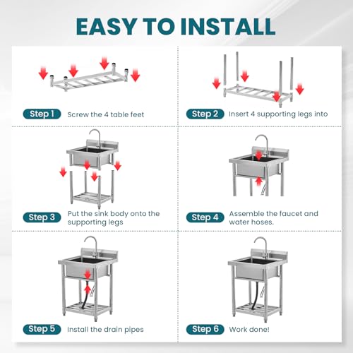 Utility Sink Stainless Steel Free Standing Single Bowl Laundry Outdoor Commercial Kitchen Sink with Cold Hot Pipe for Bar, Garage, Restaurant