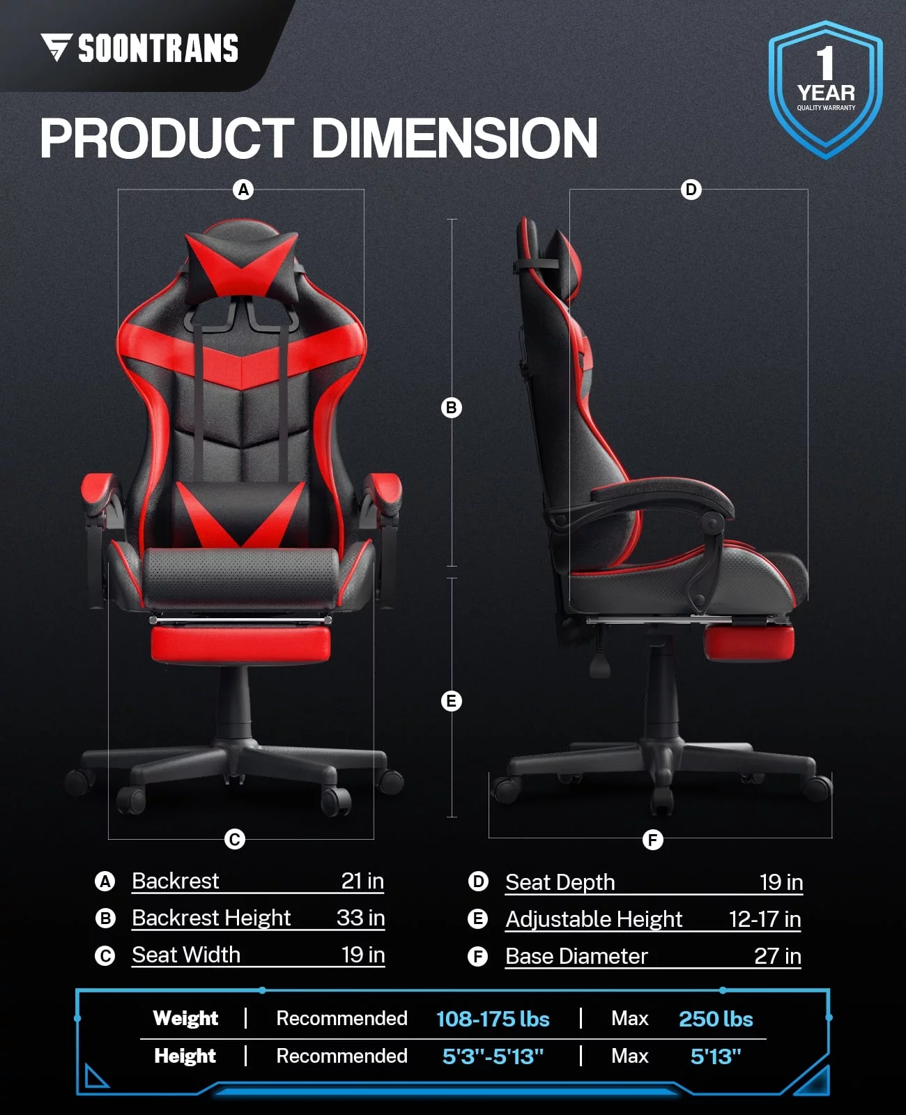 Soontrans Gaming Office Chair with Footrest, Ergonomic Leather Massage Game Chair with Lumbar Support & Headrest, Red
