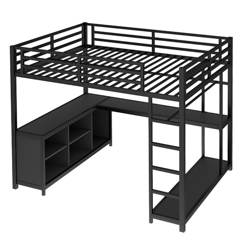 Queen Metal Modern Loft Bed with Wardrobe, L-Shaped Desk, Storage Cubes and Shelves, Black