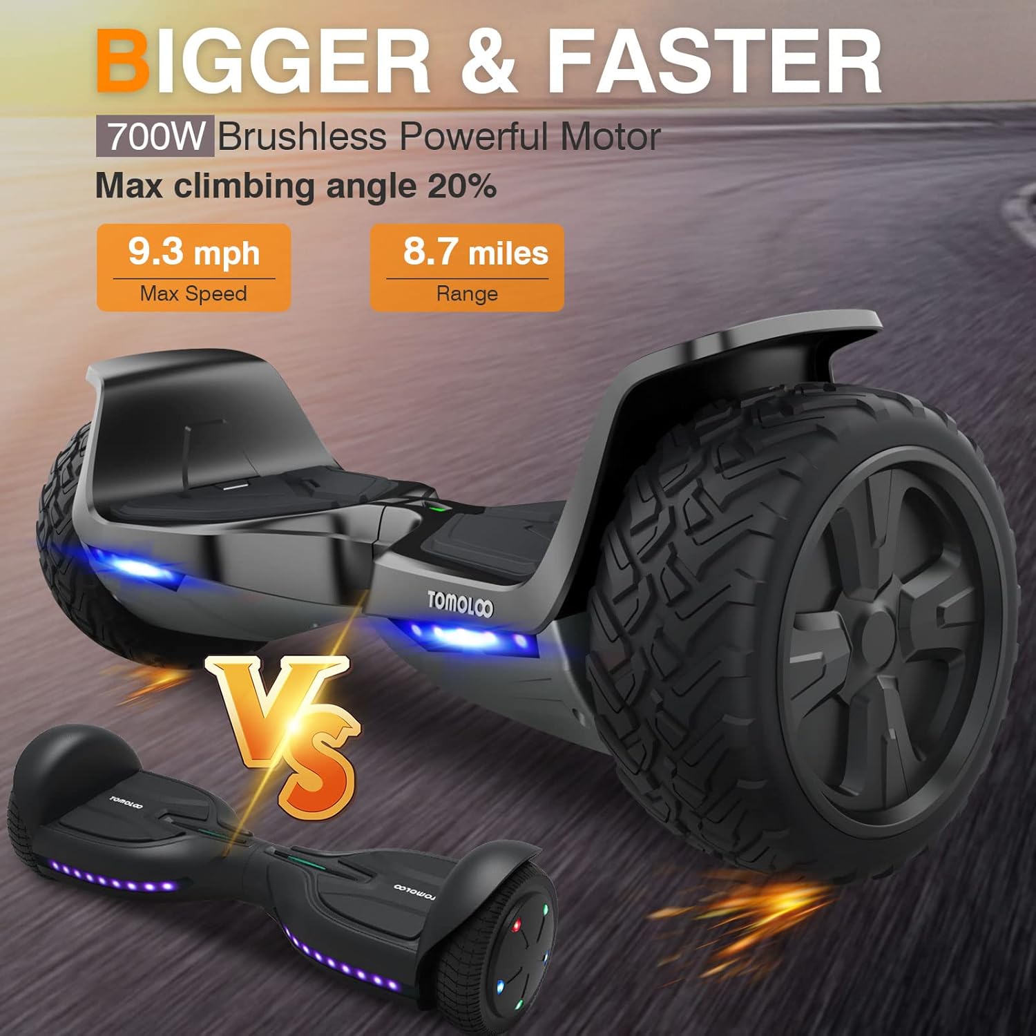 TOMOLOO Hoverboard Off Road with Bluetooth and LED Lights, 8.5'' All Terrain Hoverboards for Kids and Adults with APP Control