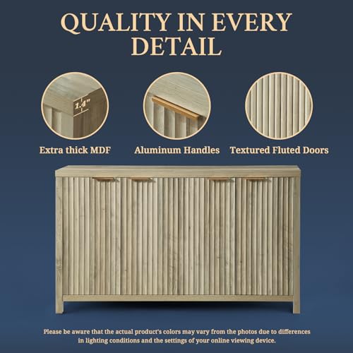 Fluted Sideboard Buffet Cabinet with Storage, 56" Large Buffet Modern Credenza with Adjustable Shelves