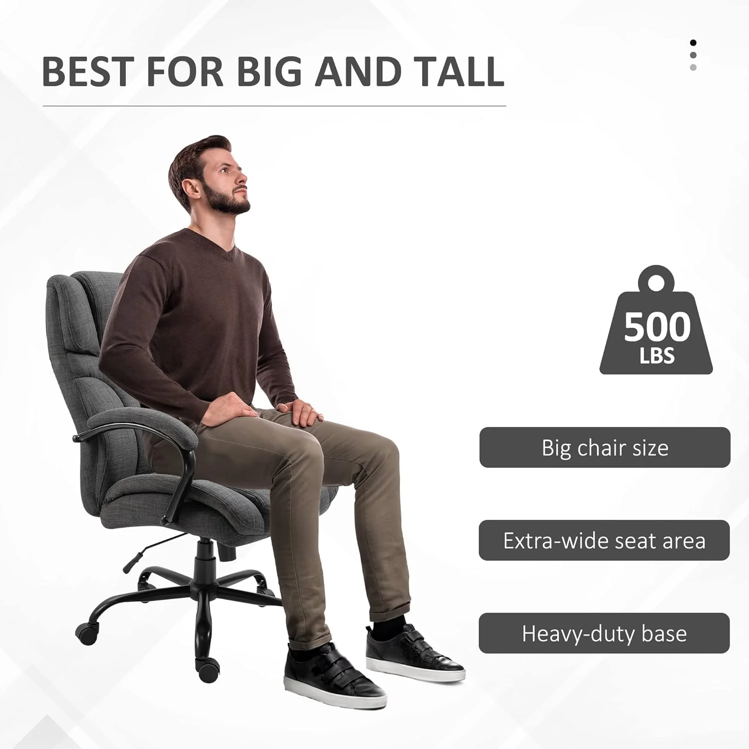 500Lbs Big And Tall Office Chair With Wide Seat, Ergonomic Executive Computer Chair With Adjustable Height, Swivel Wheels And Linen Finish, Dark Grey