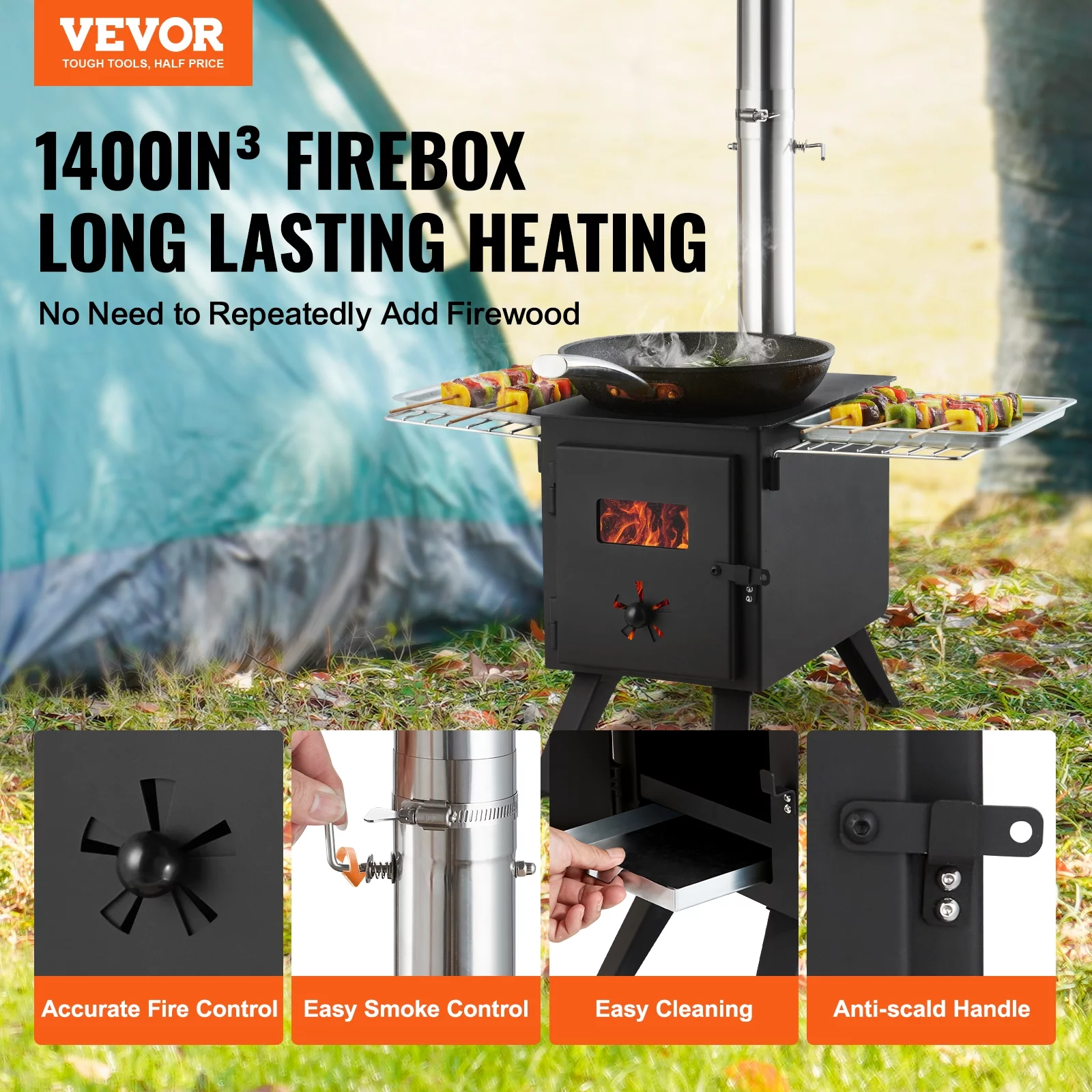 BENTISM Portable Wood Stove Camping Hot Tent BBQ Stove 86 in for Outdoor w/ Pipes