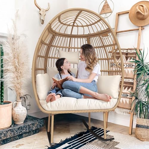 DWVO Rattan Egg Chair with Ottoman, Indoor Outdoor Egg Shape Wicker Chair for Patio, Backyard, Living Room, Basket Chair w/Footrest, 5 Cushions