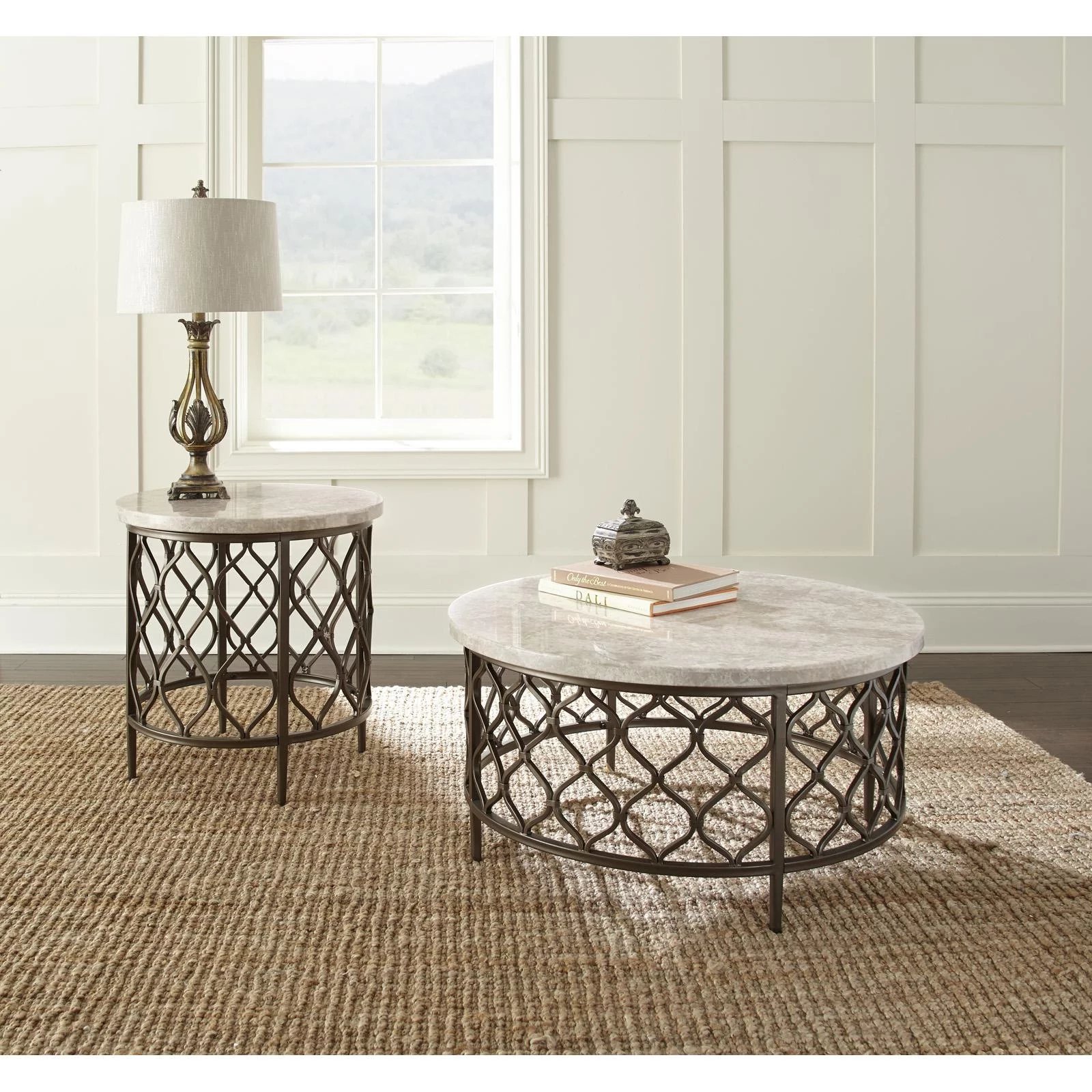 Steve Silver Roland Round Metal Base End Table with White Stone Top