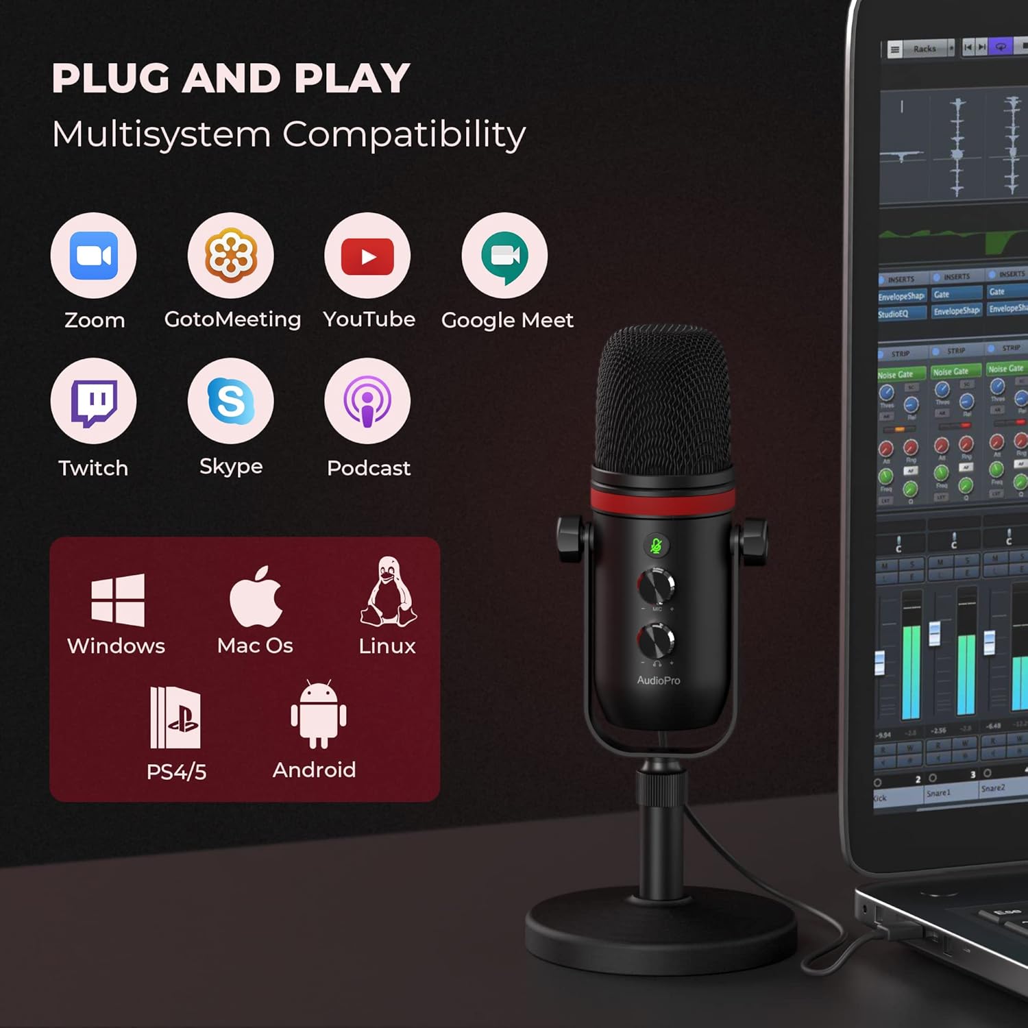 USB Microphone - AUDIOPRO Computer Condenser Gaming Mic for PC/Laptop/Phone/PS4/5, Headphone Output, Volume Control, USB Type C Plug and Play