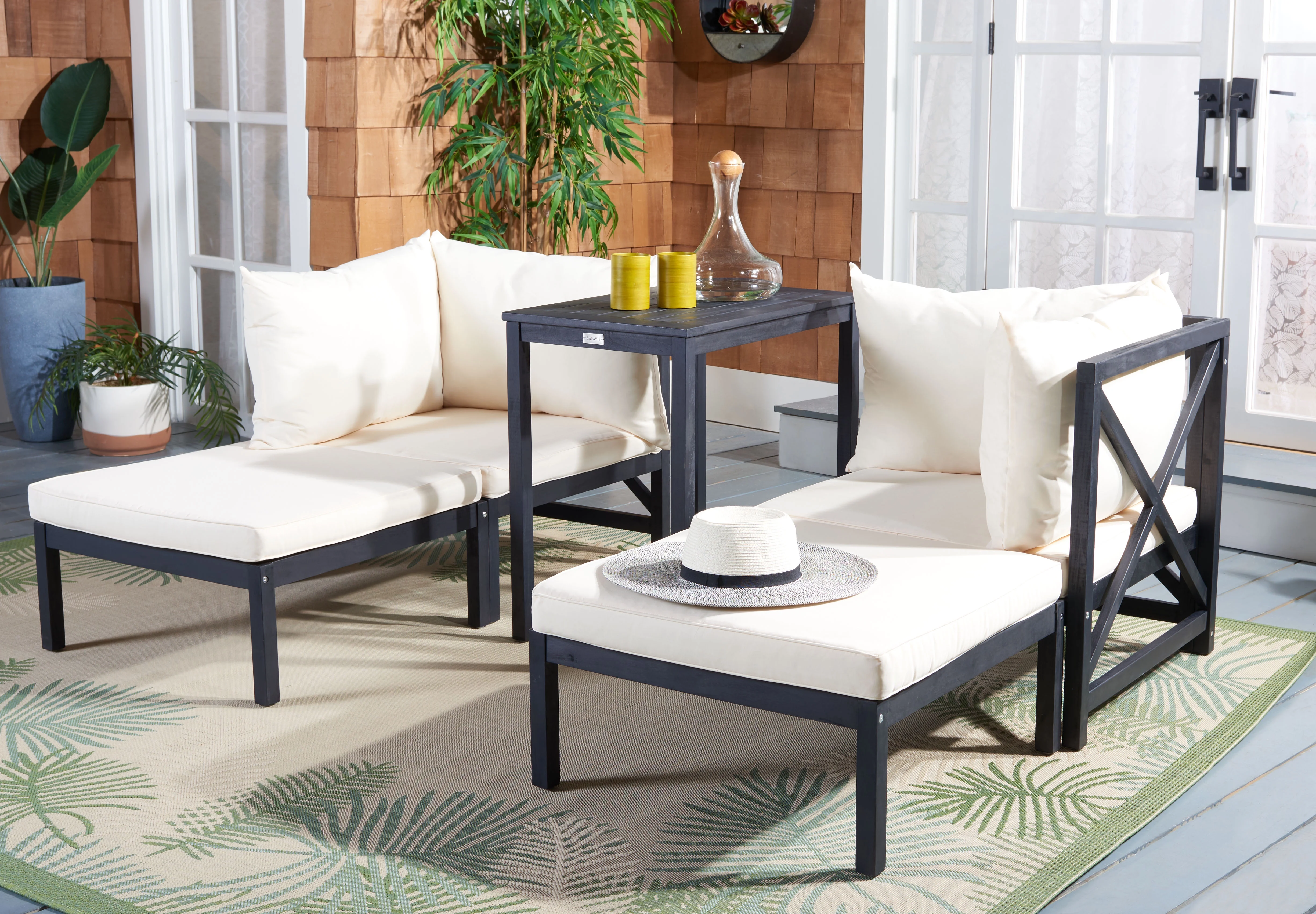 SAFAVIEH Ronson Outdoor Patio 5 Pc Chat Set, Dark Slate Grey/Beige - Curated Treasures Market