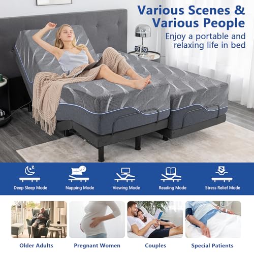 Split King Adjustable Bed Frame with Mattress, 12 Inch Grey Gel Memory Foam Medium-Firm Mattress in Box
