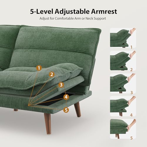 Pipishell Convertible Futon Sofa Bed,66" Corduroy Futon Couch with Adjustable Backrest and Armrests, Recliner Sleeper Sofa for Small Spaces