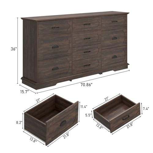 70inch Large Long Dresser w/Charging Station,10 Drawer Dresser w/Deep Big Drawers,Wooden Chest of Drawers w/Power Outlet,White Dressers for Bedroom