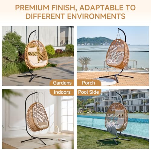 Outdoor Hanging Egg Chair, Patio Wicker Swing Chair with Stand and Cushion, Wider Basket Seating