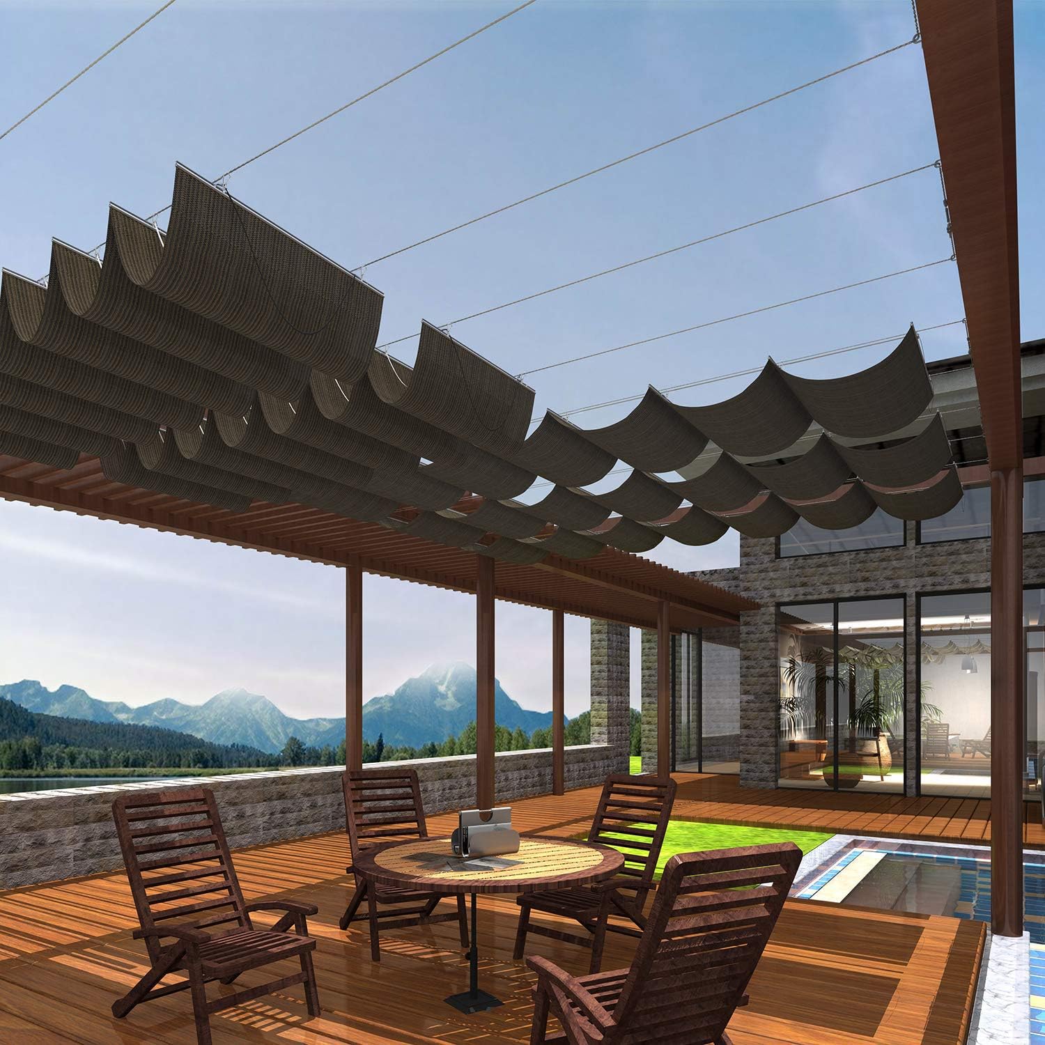 Patio Pergola Shade Cover for Deck Backyard Canopy Shade Awnings Retractable Slide Wire U Shape Replacement Shade Cover Come with Cable Hardware