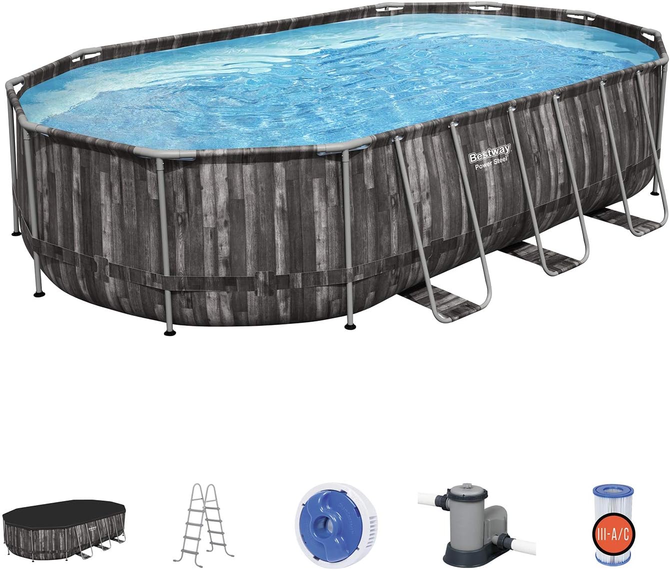 Bestway Power Steel 20 x 12 x 4 Foot Above Ground Oval Swimming Pool Set with Ladder, Cover, Pump, Replacement Cartridge, & Accessory Repair Kit