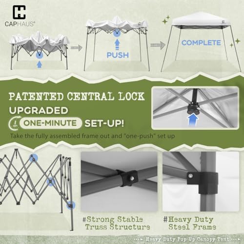 CAPHAUS 12ft x 12ft Patented One-Push Pop Up Outdoor Canopy Tent, Heavy-Duty Commercial Grade w/Central Lock