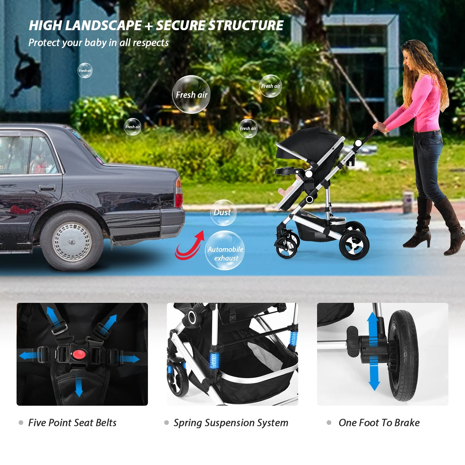 AILEEKISS 3 in 1 Baby Stroller, Convertible Newborn Bassinet Stroller Unisex Infant Carriage, Black