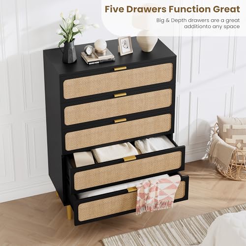Rattan 5 Drawer Dressers for Bedroom, Tall Dresser with Deep Drawers, Large Chest of Drawers for Closet with Wide Top