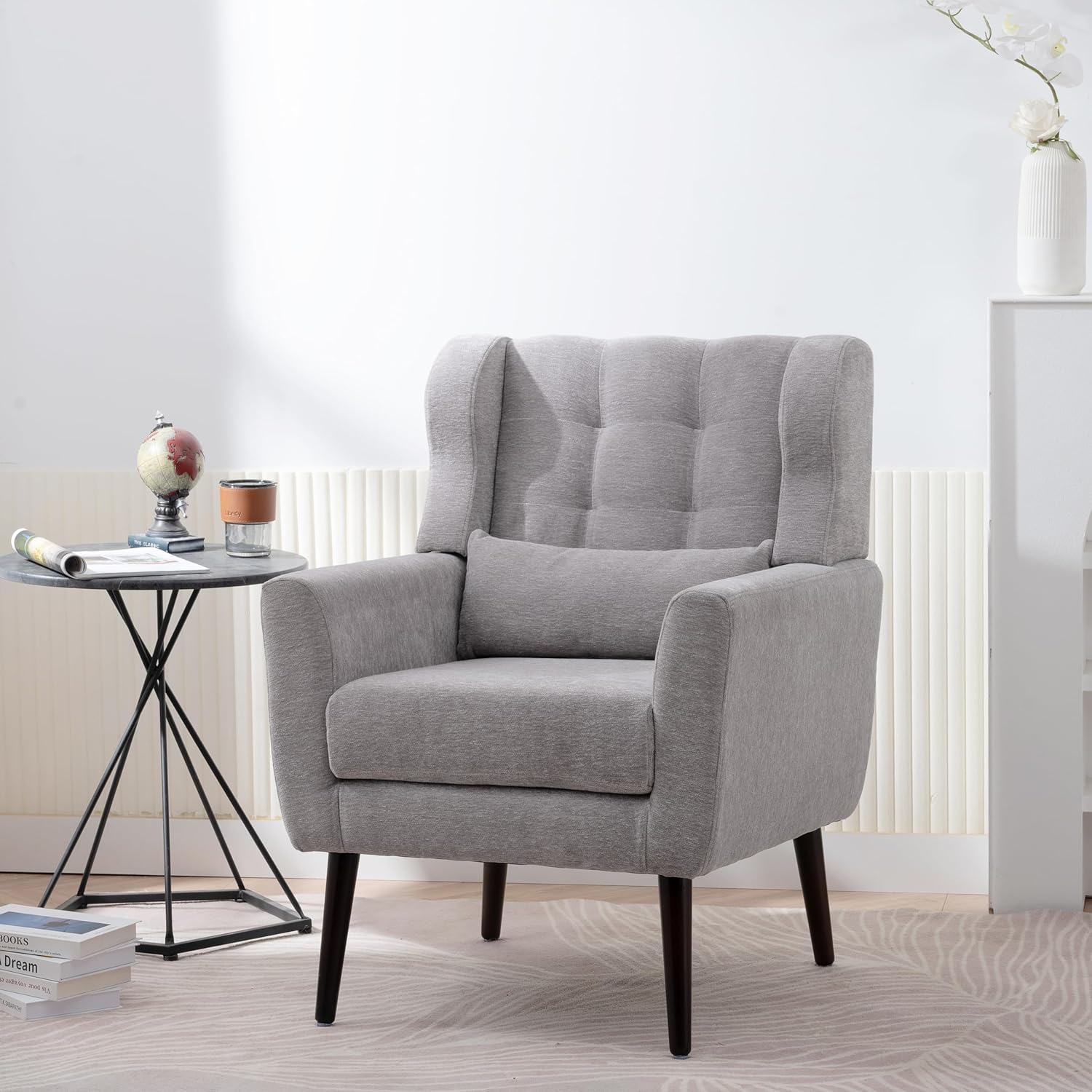Modern Accent Chair,Chenille Arm Chairs for Living Room,Upholstered Mordern Armchair,Comfy Soft Padded Lounge Chair in Small Space, Bedroom, w/Pillow