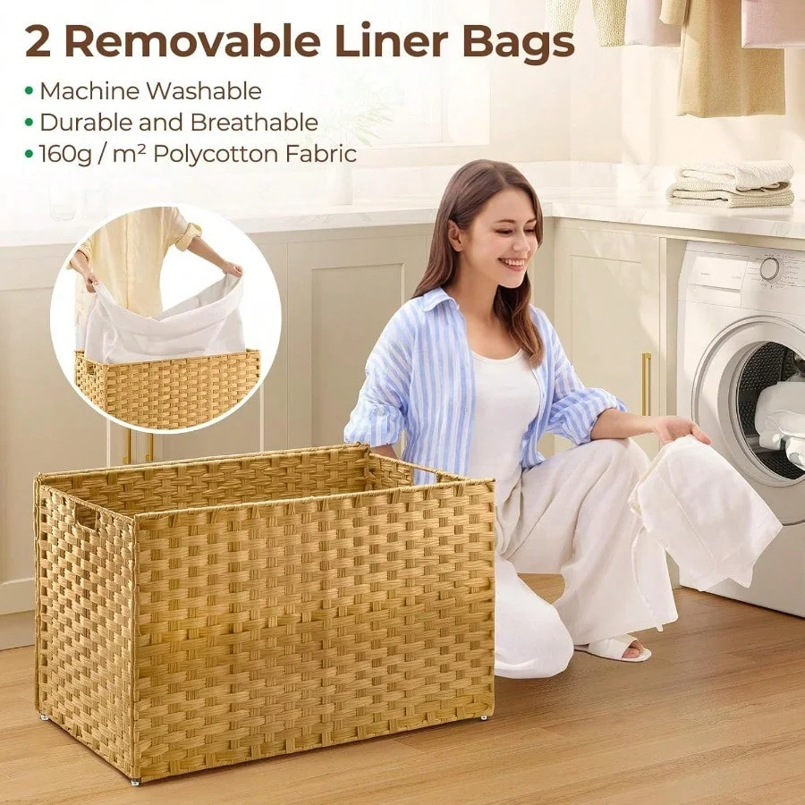 GREENSTELL Storage Basket with Lid 42.3 Gallon 160L Lagre Wicker Blanket Storage Basket with Handles Foldable 2 Removable Liner Bags Metal Frame for
