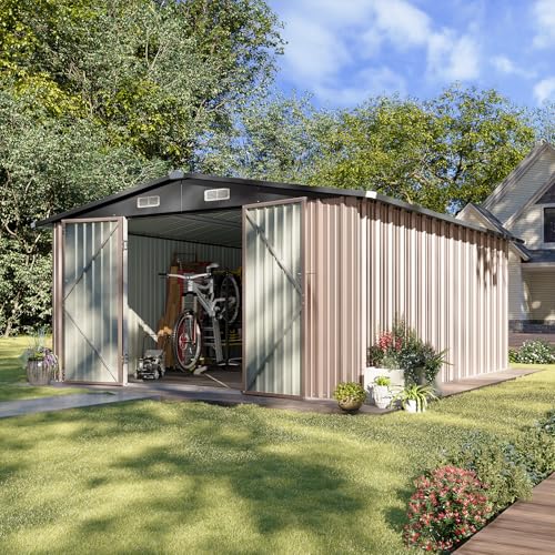 Aoxun 10 x 12FT Outdoor Storage Shed with Double Hinged Large Door Utility Garden Shed with Lockable Door & Sloped Roof Metal Sheds Outdoor Storage