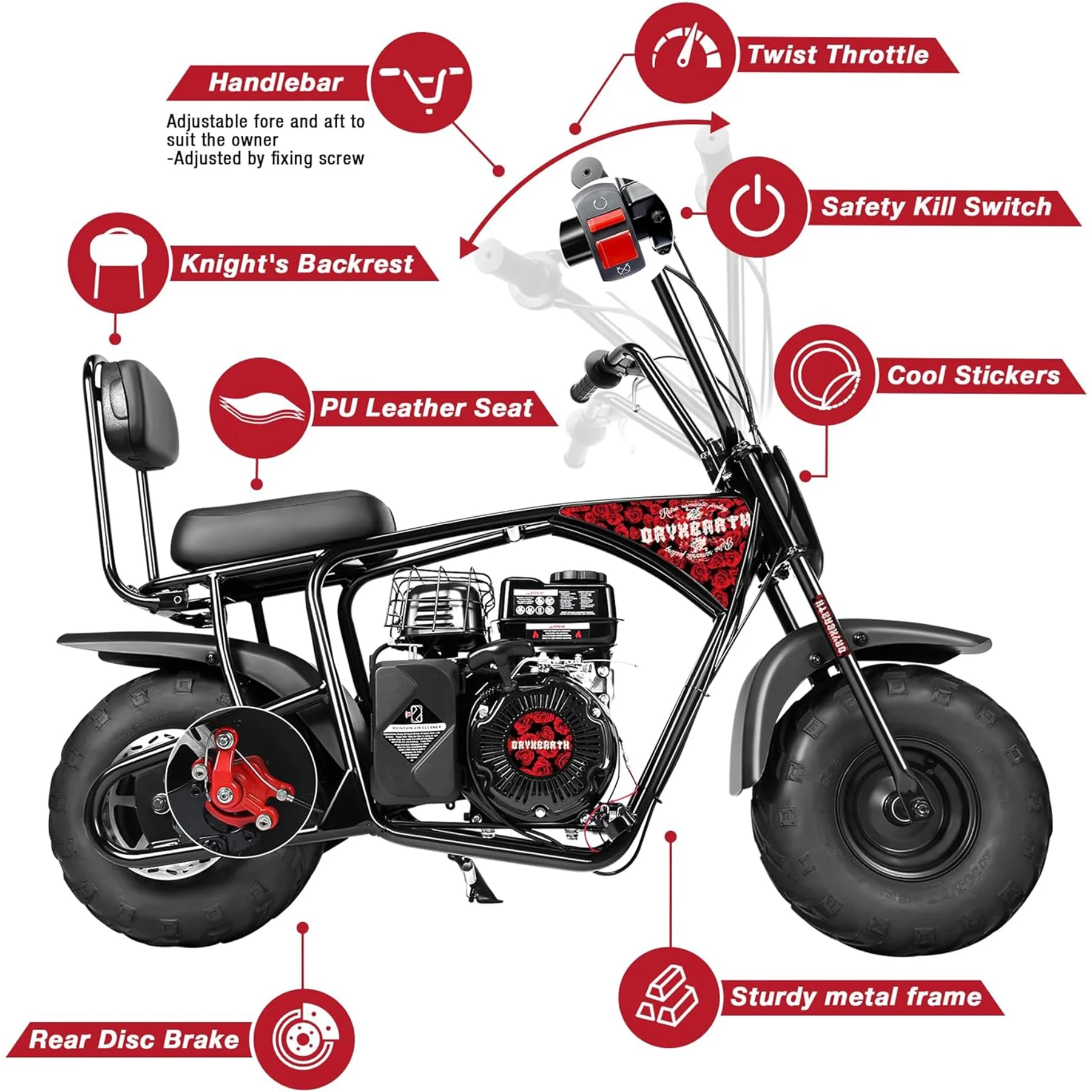 Oryxearth Mini Bike for Kids Motorcycle, Gas Power Dirt Bike,98CC 4-Stroke Ride on Toys, Red - Radiant Selections