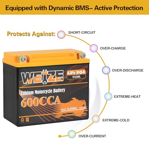 Weize Lithium YTX30L-BS, 700A Lithium LiFePO4 YTX30L Motorcycle Battery, 12V 10AH ATV, UTV, Jet Ski, Scooter, Lawn Mower, Tractor, Generator Battery