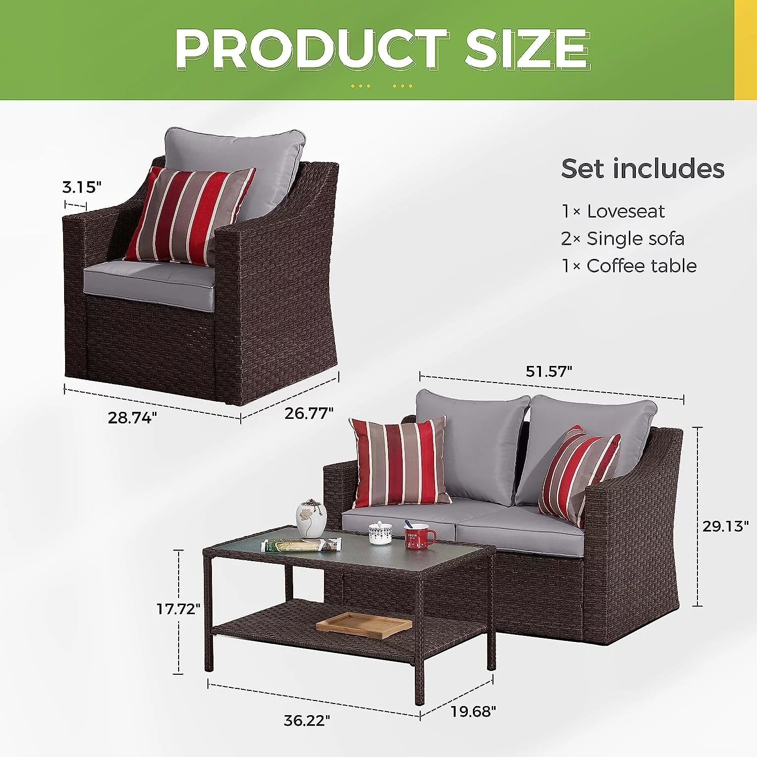 CozyHom 5 Pcs Outdoor Patio Wicker Furniture Sofa Set Clearance Rattan Sectional Conversation Couch Set With Table and Cushions, Grey