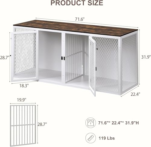 71 Inch Dog Crate Furniture for 2 Dogs, XXL Double Cage with Removable Divider & Large Doors, Heavy Duty Wooden Dog Kennel, Indoor Pet House (Black