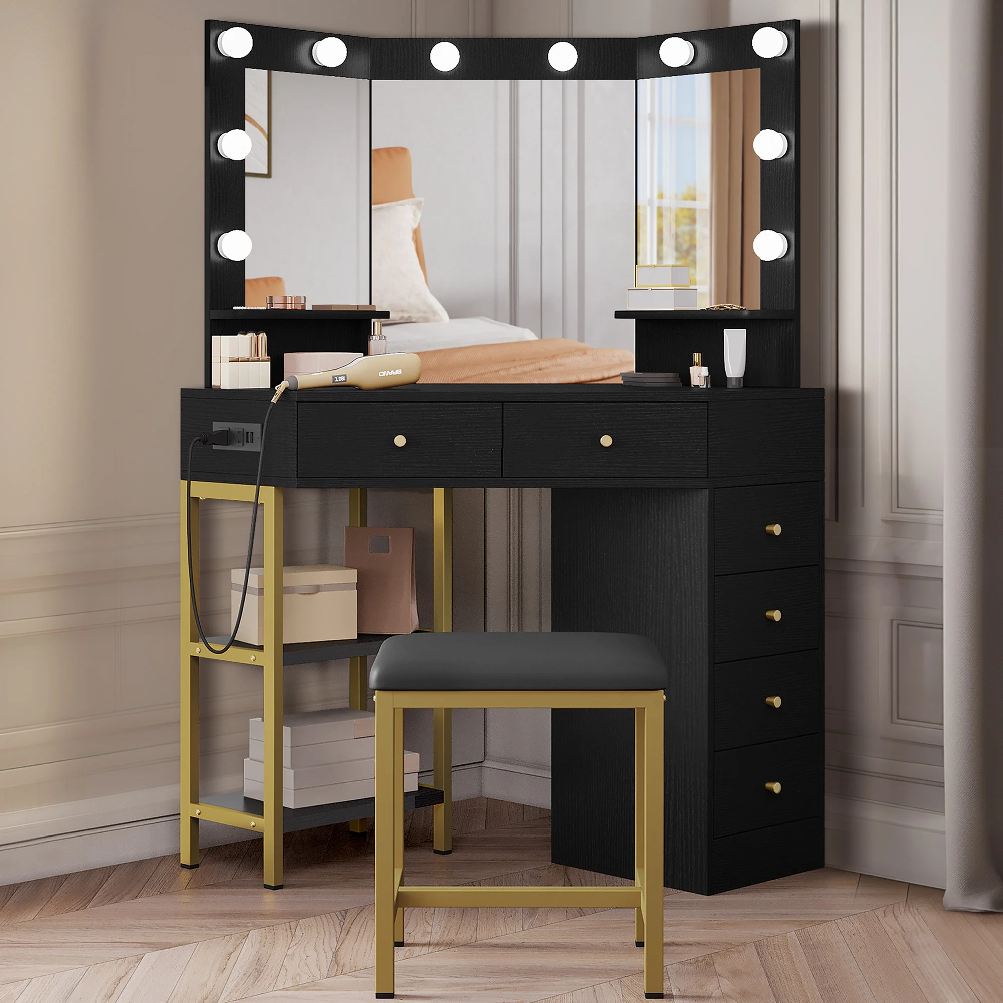 DWVO Corner Vanity Desk With Lights & Mirror, Makeup Vanity with Shelf & 6 Drawers, Vanity Dressing Table for Makeup,Modern Desk Vanity for Bedroom