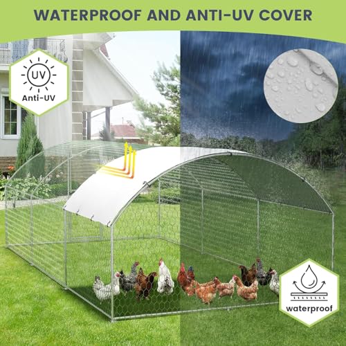 Heavy Duty Walk-in Chicken Coop, Large Metal Poultry Cage with Waterproof UV Cover & Round Top Design