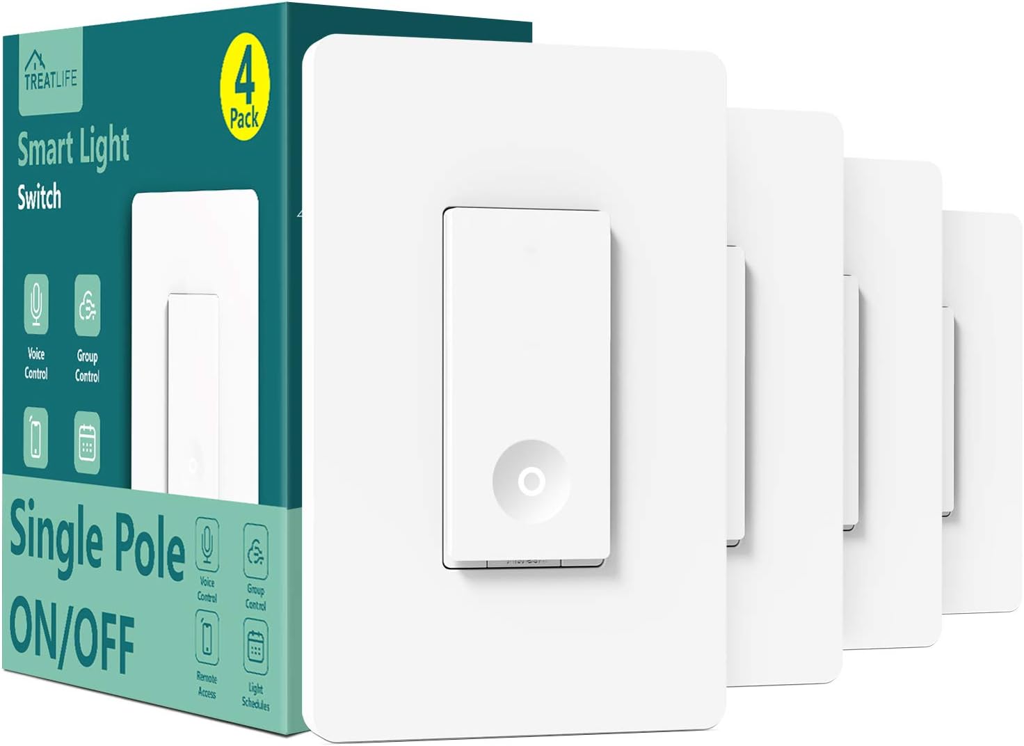 Smart Switch 4 Pack, Treatlife 2.4Ghz Smart Light Switch WiFi Light Switch Single-Pole, Neutral Wire Required, Works with Alexa