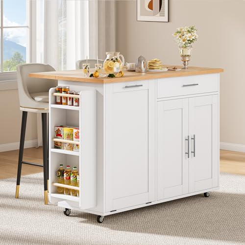 Kitchen Island with Storage, 31.5" D Rolling Kitchen Island Cart on Wheels with Widen Drop Leaf Rubberwood Top