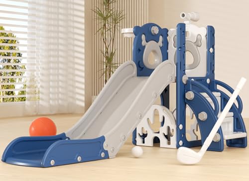 XJD 5 in 1 Toddler Slide, Kids Slide for Toddlers Age 1-3, Outdoor Indoor Playset for Toddlers with Basketball Hoop and Ball