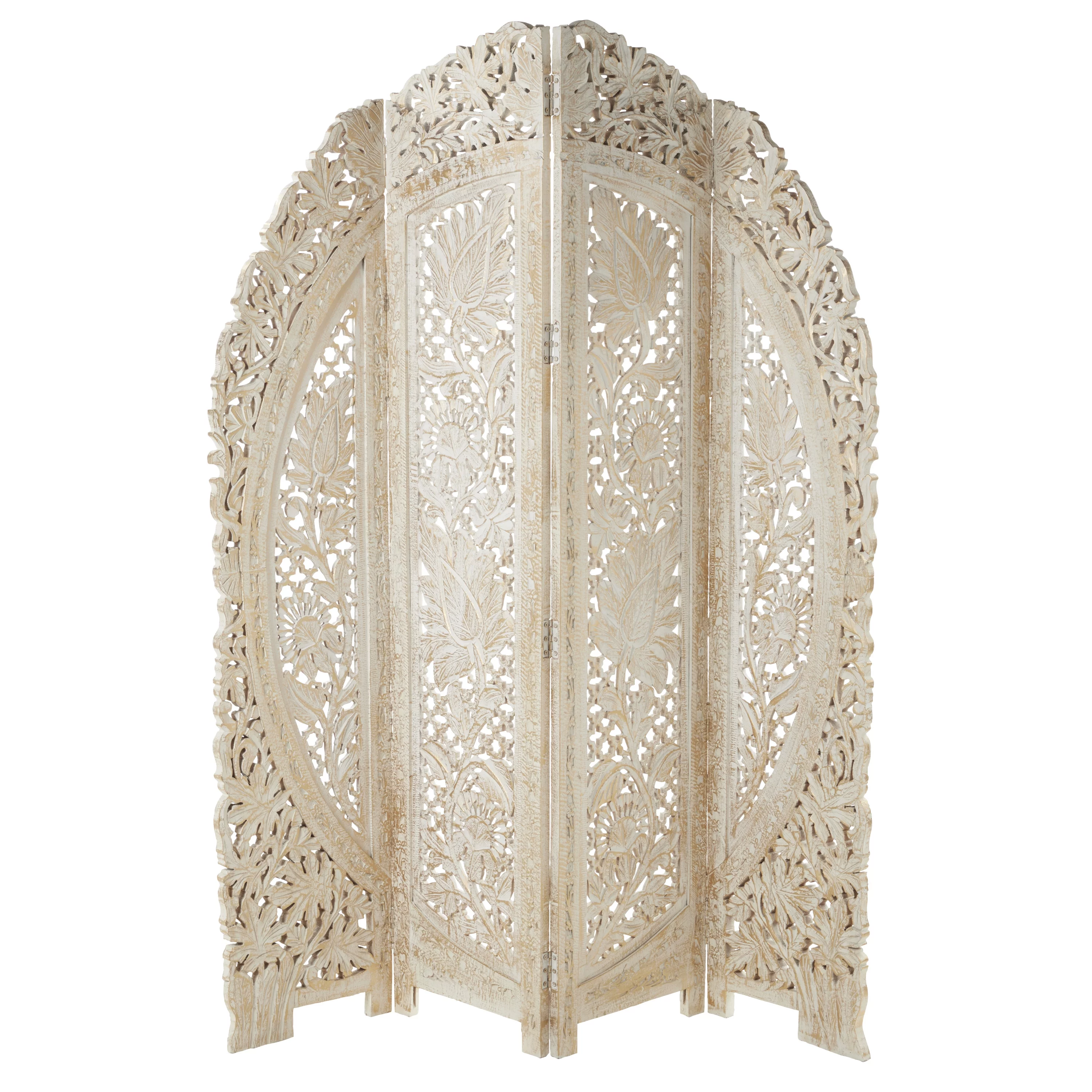 DecMode 60" x 72" White Wood Floral Handmade Foldable Arched Partition 4 Panel Room Divider Screen with Intricately Carved Designs, 1-Piece