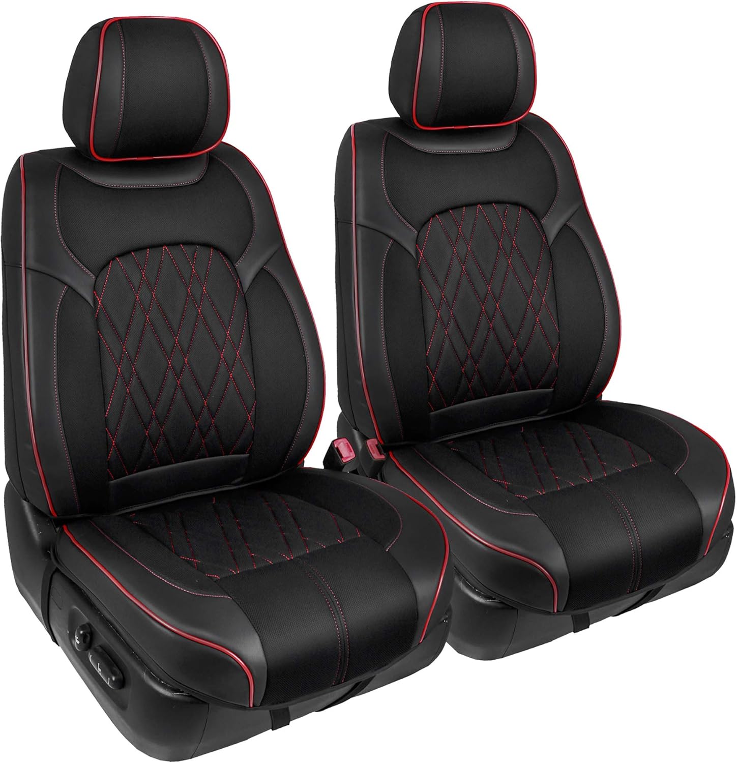 Season Guard Traveler Automotive Car Seat Covers, 3D Semi-Custom Luxury Faux Leather, Universal Fit For Cars Truck Van SUV, Black with Red Accent