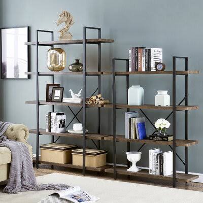 5-Shelf Vintage Industrial Style Bookcase, Rustic Farmhouse Storage Shelves with Metal Frame, Open Wide Office Etagere Book Shel