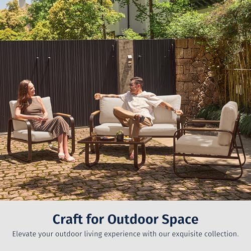 EAST OAK Courtyard Patio Furniture Set, 4-Piece Outdoor Patio Set with Sofa, Removable & Washable Deep Seating Cushion, Tempered Glass Table