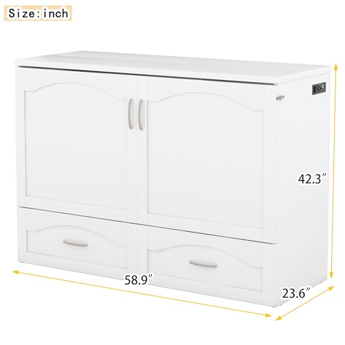 Queen Size Murphy Wall Bed with Storage, Bookcase Headboard, Solid Wood Cabinets, Shelves, Drawers and USB Ports