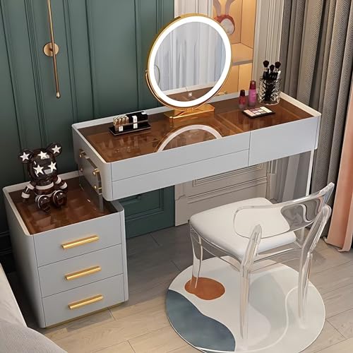 Acrylic Makeup Vanity - Solid Wood Vanity Desk with Smart LED Lights Mirror & Acrylic Chair