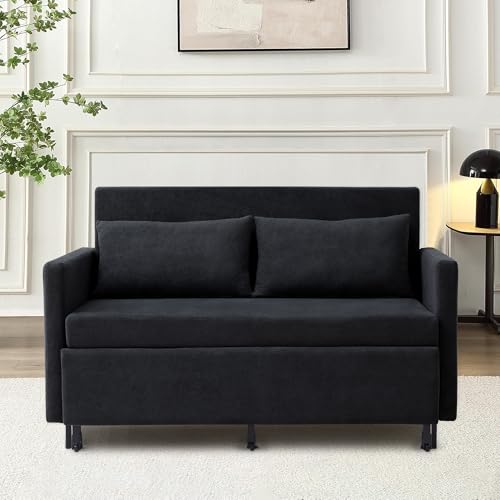 3-in-1 Sleeper Sofa Bed, 51'' Convertible Folding Couch with Pullout Bed, Chenille Futon Sleeper Sofa with Side Table and 2 Pillows