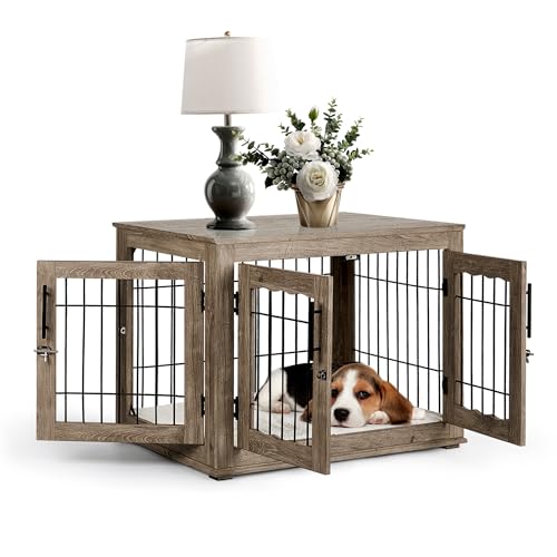 Dog Crate Furniture, 32 inch Medium Dog Crates with Bed Mat, Wooden Dog Kennel Furniture, End Side Table Dog Cage with 3 Doors, Greige